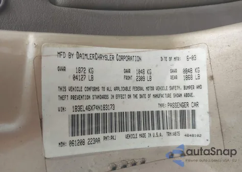 2004 Dodge Stratus Sxt from USA, damaged, VIN 1B3EL46X74N183173